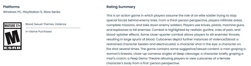 Screenshot van de beschrijving van het spel op de ESRB-website Screenshot van de beschrijving van het spel op de ESRB-website