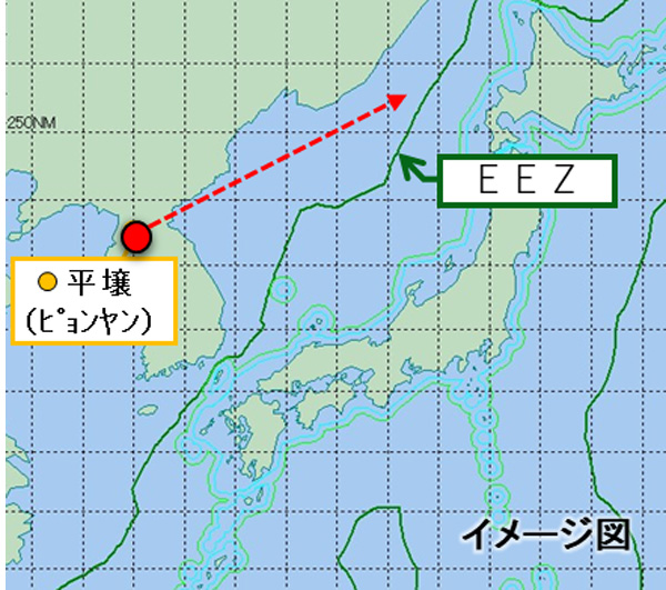 Illustratie: Ministerie van Defensie van Japan Vluchtrichting van een ballistische raket die buiten de Japanse EEZ viel