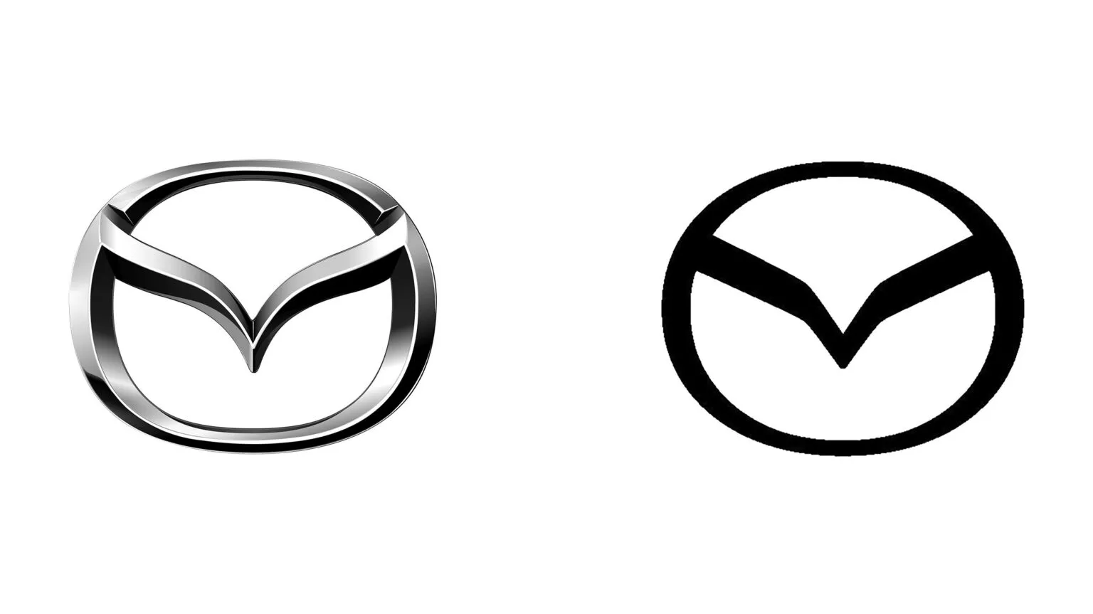 Vergelijking van het oude en nieuwe Mazda-embleem Oude en nieuwe Mazda-emblemen