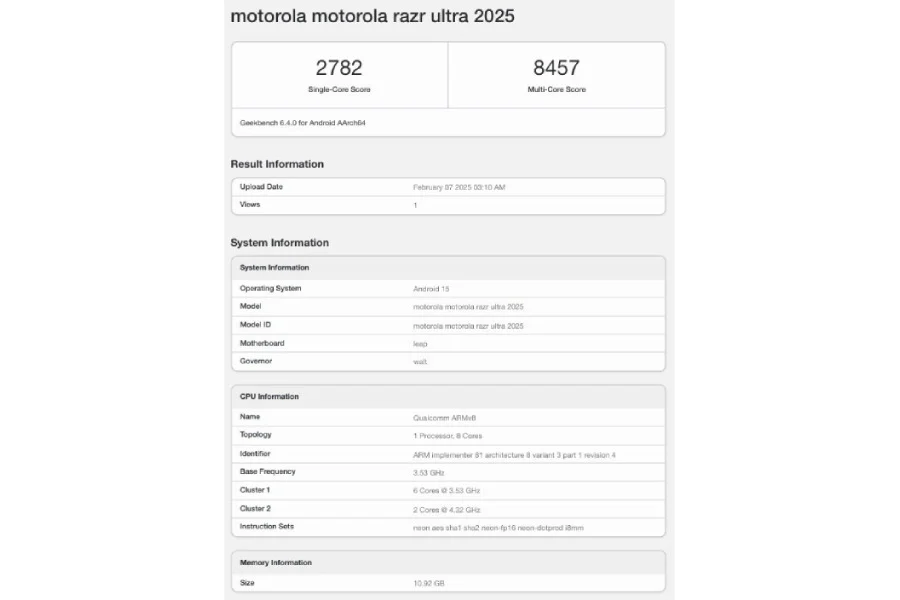 Motorola Razr Ultra 2025. Illustratie: Geekbench Motorola Razr Ultra 2025 van Geekbench-code