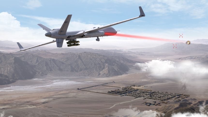 Illustratie: General Atomics Visualisatie van de MQ-9B met een nieuw lasersysteem aan boord