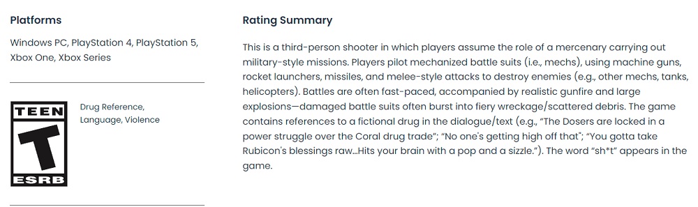 Tieners toegestaan: ESRB beoordelingscommissie geeft leeftijdsclassificatie aan FromSoftware's Armored Core VI: Vuren van Rubicon-2 Tieners toegestaan: ESRB beoordelingscommissie geeft leeftijdsclassificatie aan FromSoftware's Armored Core VI: Vuren van Rubicon-2