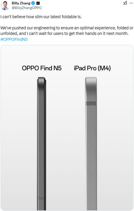 Oppo Find N5 foto Oppo Find N5 is dunner dan iPad Pro M4