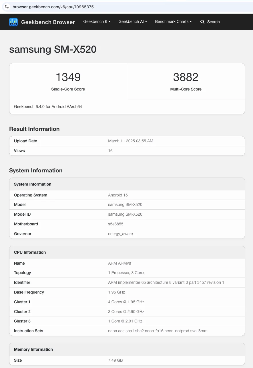 Galaxy Tab S10 FE-prestaties Galaxy Tab S10 FE-prestatieresultaten in Geekbench-benchmarktest