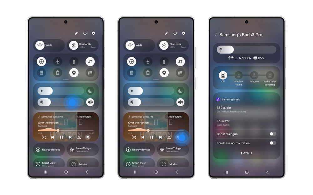 Opties voor het starten van het nieuwe hoofdtelefoonbedieningspaneel in One UI 7.0
