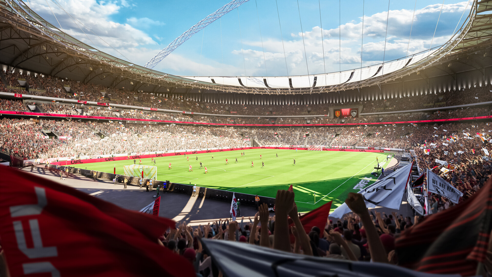 Een speler viert een doelpunt in de UFL Een speler viert een doelpunt in de UFL