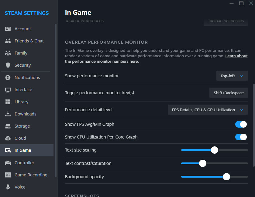 Instellingen van de interface van de prestatiemonitor. Illustratie: Steam