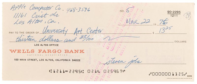 Steve Jobs' cheque op de RR Veiling Steve Jobs' cheque op de RR Veiling