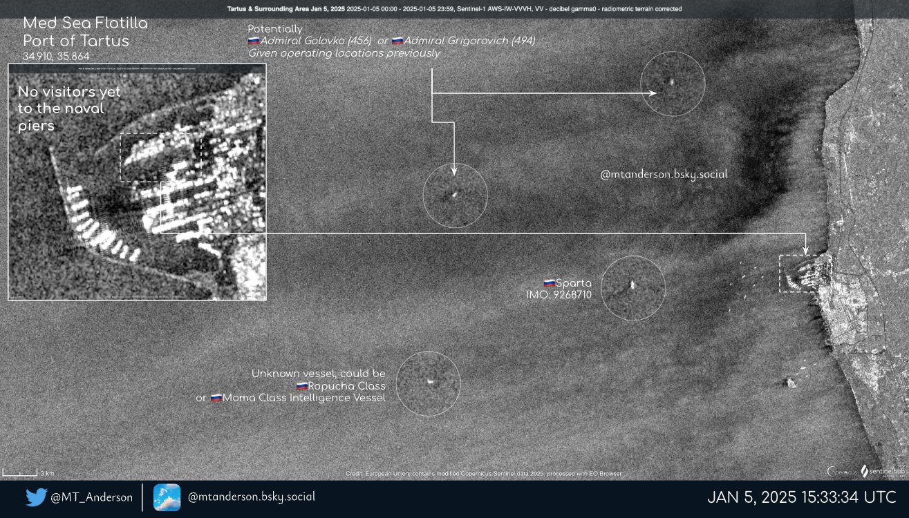 Illustratie: MT_Anderson (Twitter/X) Watergebied van de basis in Tartus op de ochtend van 5 januari 2025