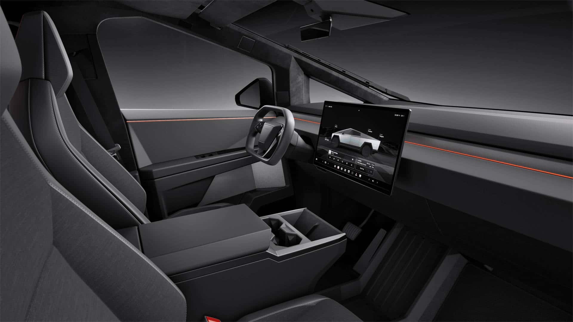 Het interieur van de Tesla Cybertruck Long Range. Illustratie: Tesla Tesla Cybertruck Long Range interieur