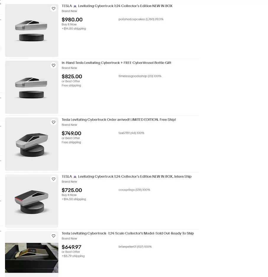 Een screenshot van de advertenties voor de miniatuur Tesla Cybertruck te koop Een screenshot van de advertenties voor de miniatuur Tesla Cybertruck te koop