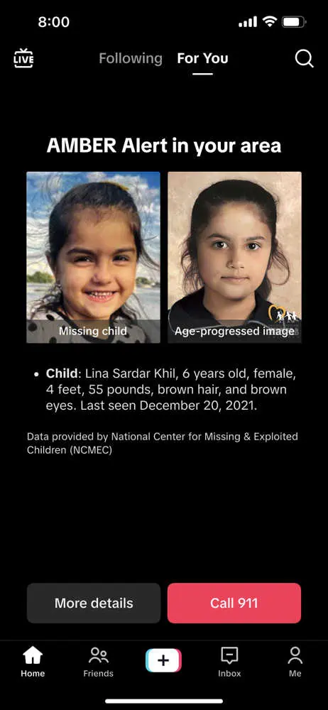 Illustratie: TikTok Een vermist kind in TikTok melden via het AMBER Alerts-systeem