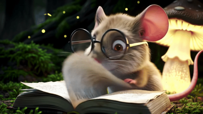 Muis leest een boek in een bosgrot