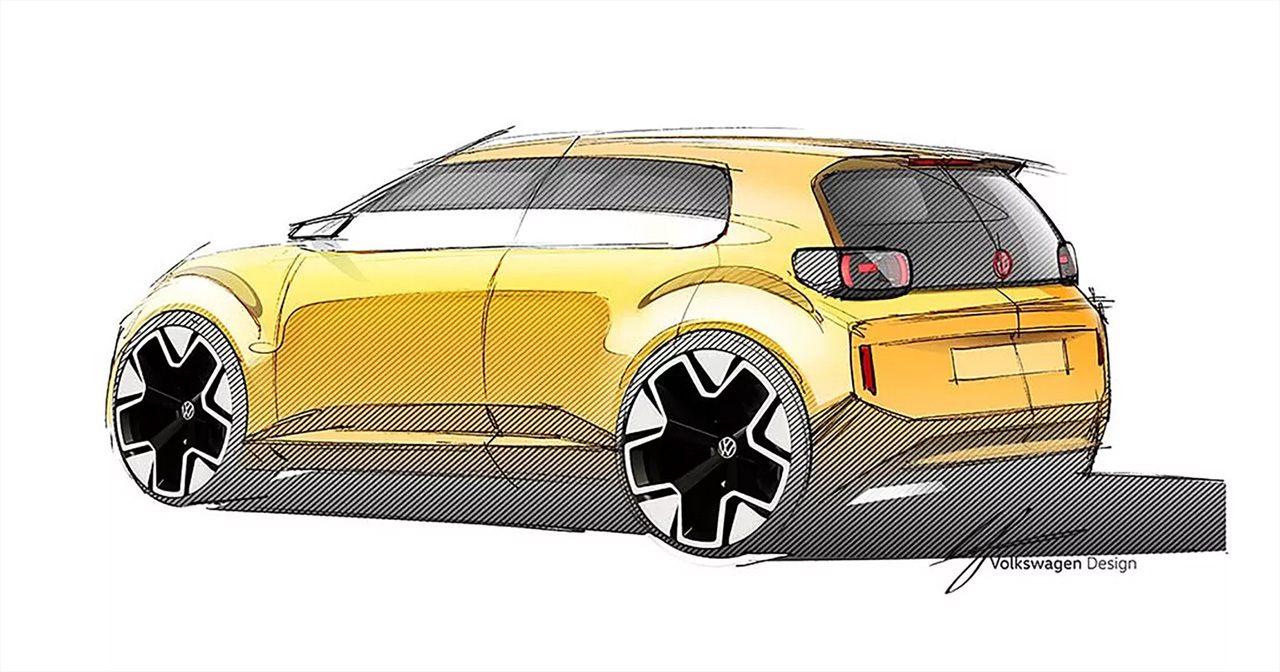 Een schets van de nieuwe €20.000 kostende elektrische auto van Volkswagen.