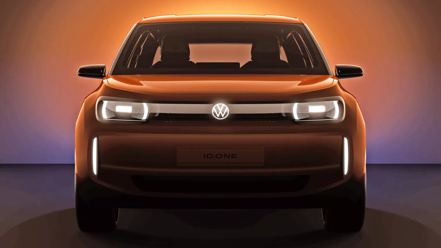Eerste teaser van de nieuwe elektrische auto van Volkswagen met 'ID.One' op de plaats van de nummerplaat.