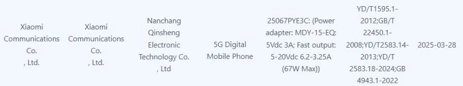 Xiaomi Civi 5 Pro 3C certificering Xiaomi Civi 5 Pro 3C certificering